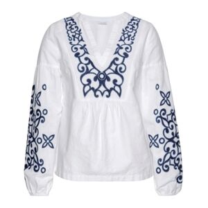 Lascana Embroidered Long Sleeve Boho Linen Blend White Navy Blouse Size 2